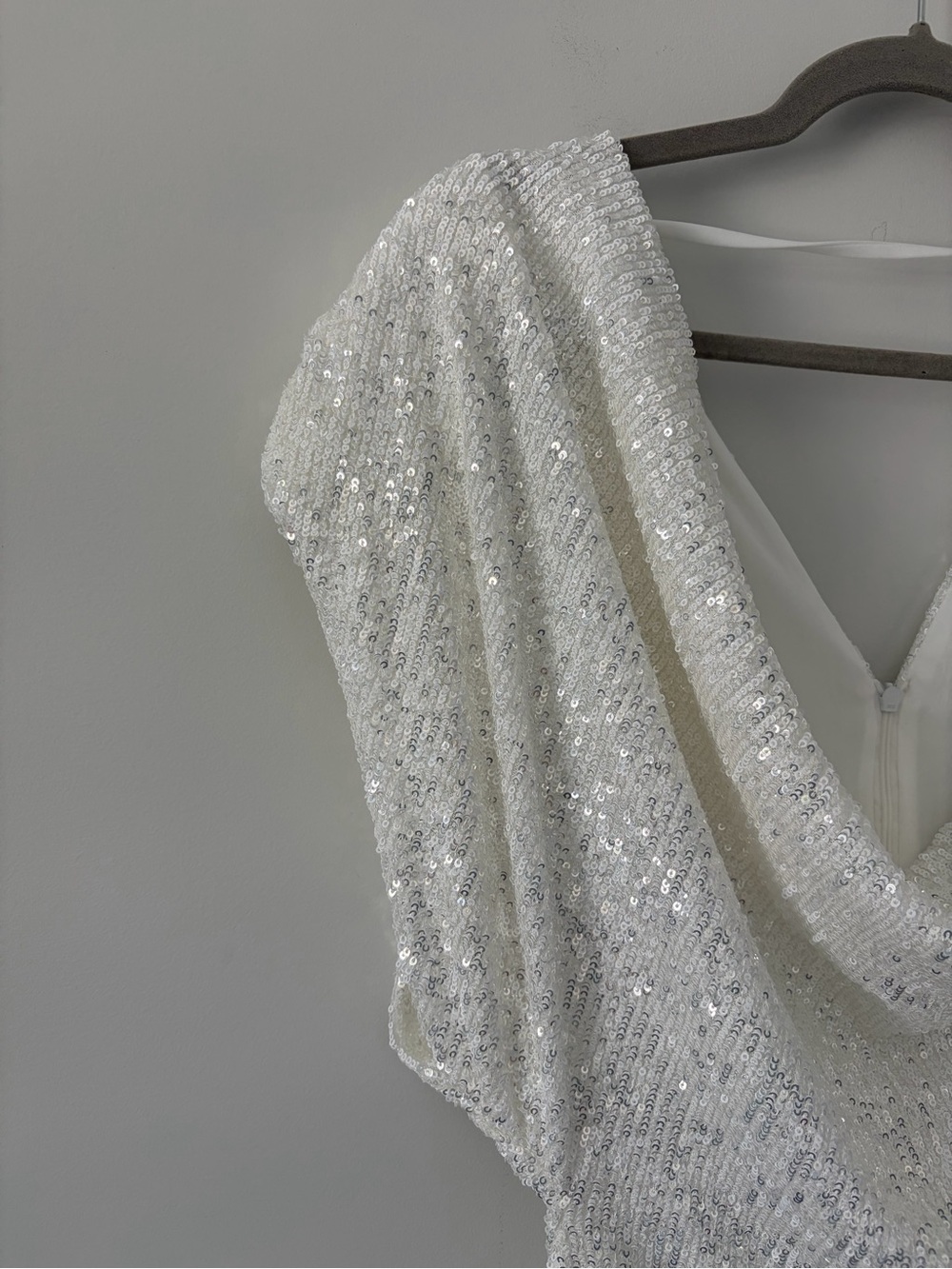 Zara White All Sequin Draped Neck Fitted Mini Dress Bridal Cocktail NWT Large - Picture 4 of 12
